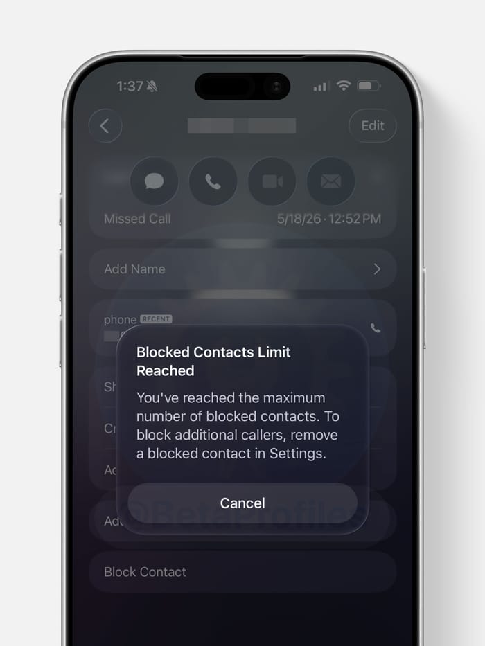 iOS 26.6 blocked contacts limit reached pop up