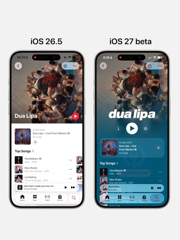 Apple Music artist page comparison between iOS 26 and iOS 27