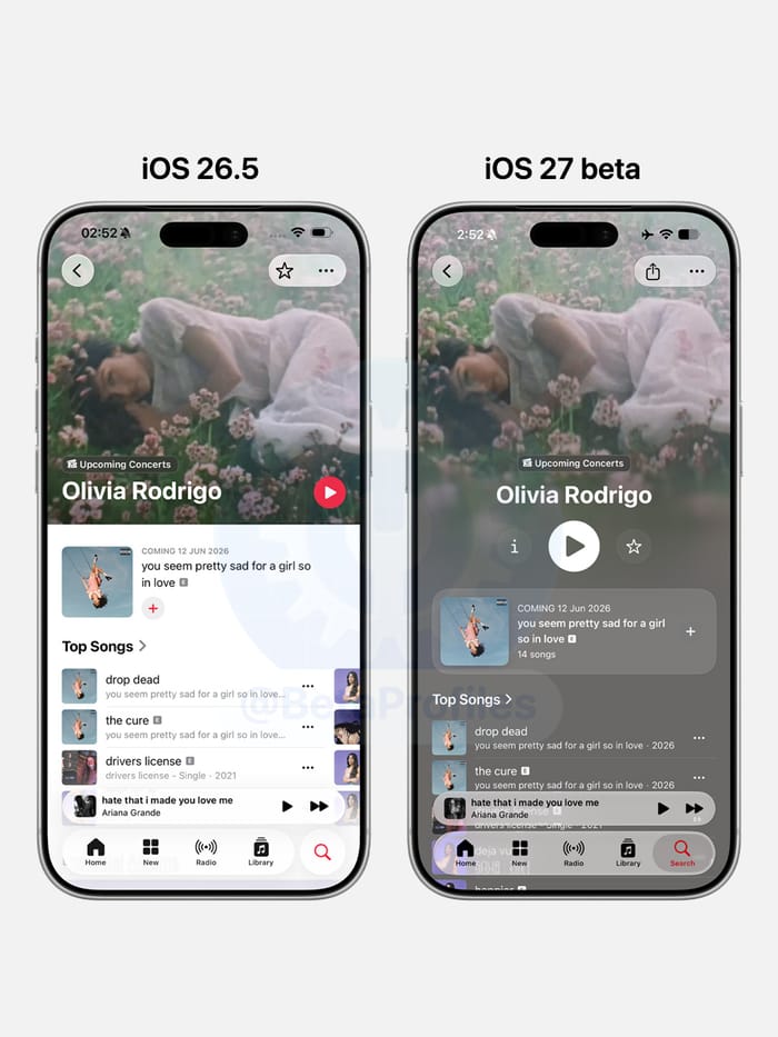 iOS 26 vs iOS 27: Apple Music Artist Page Comparison