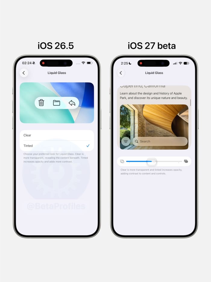 iOS 26 vs iOS 27: Liquid Glass Settings.