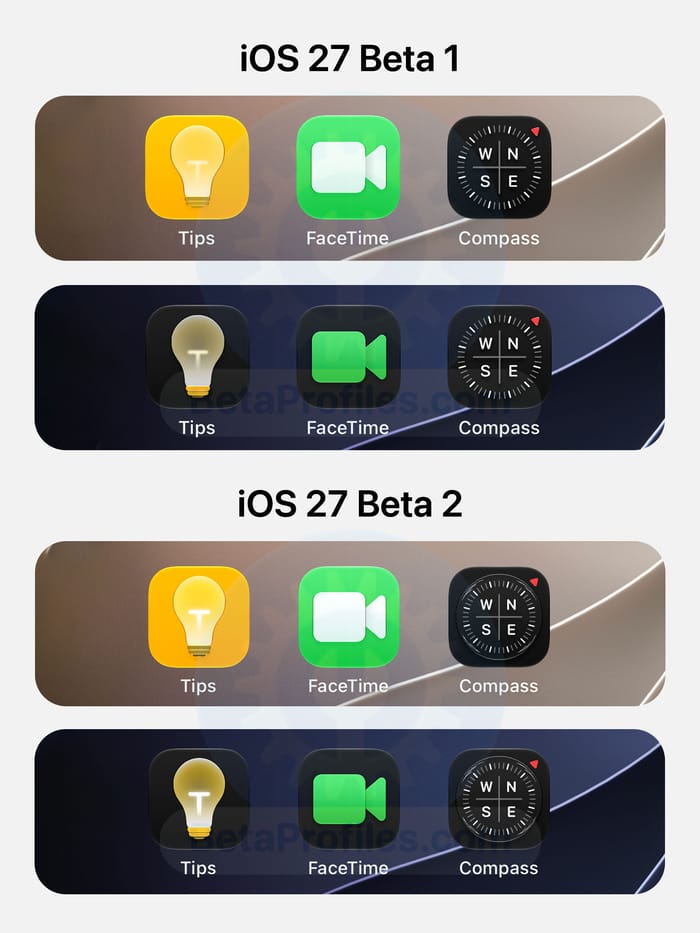 Side-by-side comparison of the Tips, FaceTime, and Compass app icons in iOS 27 Beta 1 and Beta 2, highlighting the updated icon designs.