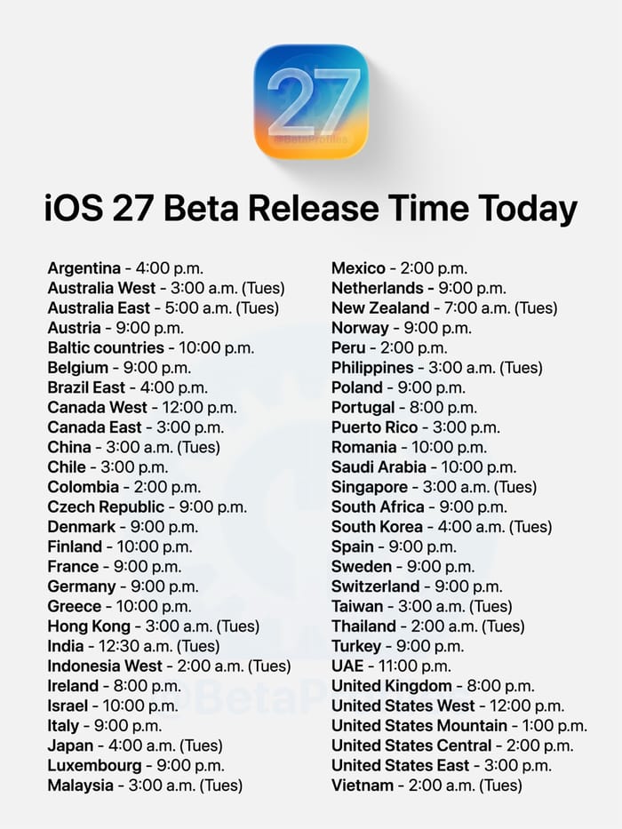 iOS 27 Beta 1 releases time