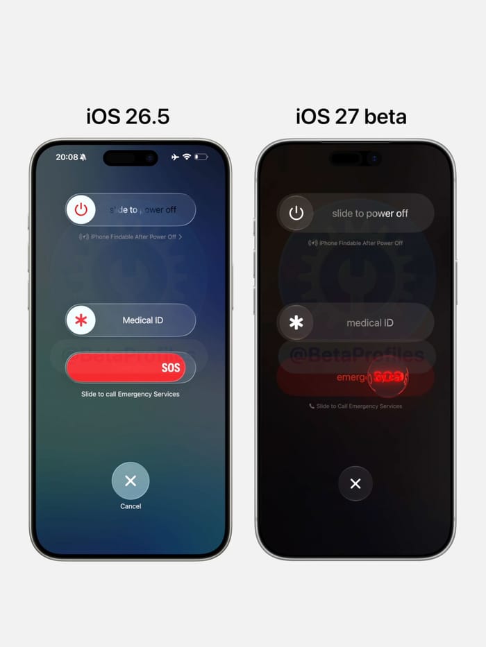 Side-by-side comparison of the Power Off menu in iOS 27 and iOS 26.