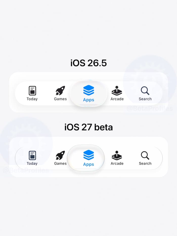 Side-by-side comparison of the Liquid Glass tab bar between iOS 27 and iOS 26.