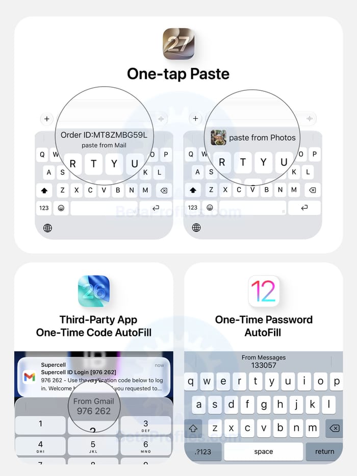 Comparison of iOS 12 showing OTP autofill in earlier versions and one-tap paste in iOS 27 keyboard.