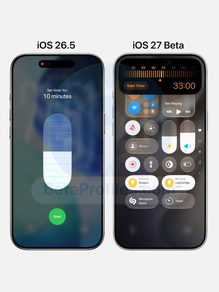 A side-by-side comparison of setting a timer from Control Center in iOS 26 and iOS 27, highlighting the smoother scrolling experience and refined Liquid Glass interface in iOS 27.