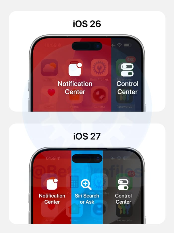 iOS 26 vs iOS 27: Top-center swipe-down gesture comparition
