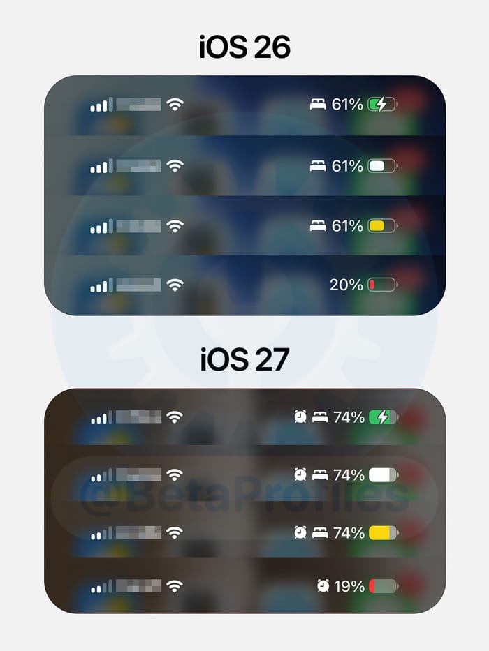 iOS 26 vs iOS 27 battery icon comparision